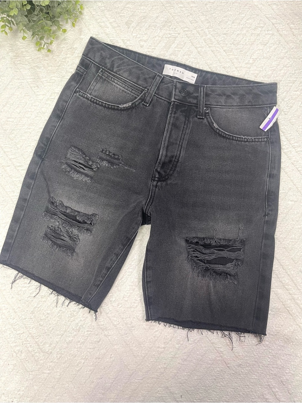 Topman Black Distressed Denim Jean Shorts Slim Fit Men's W28 Grunge Streetwear